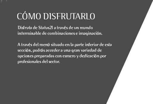 Disfruta de Status21 a través de un mundo interminable de combinaciones e imaginación.  A través del menú situado en la parte inferior de esta sección, podrás acceder a una gran variedad de opciones preparadas con esmero y dedicación por profesionales del sector.